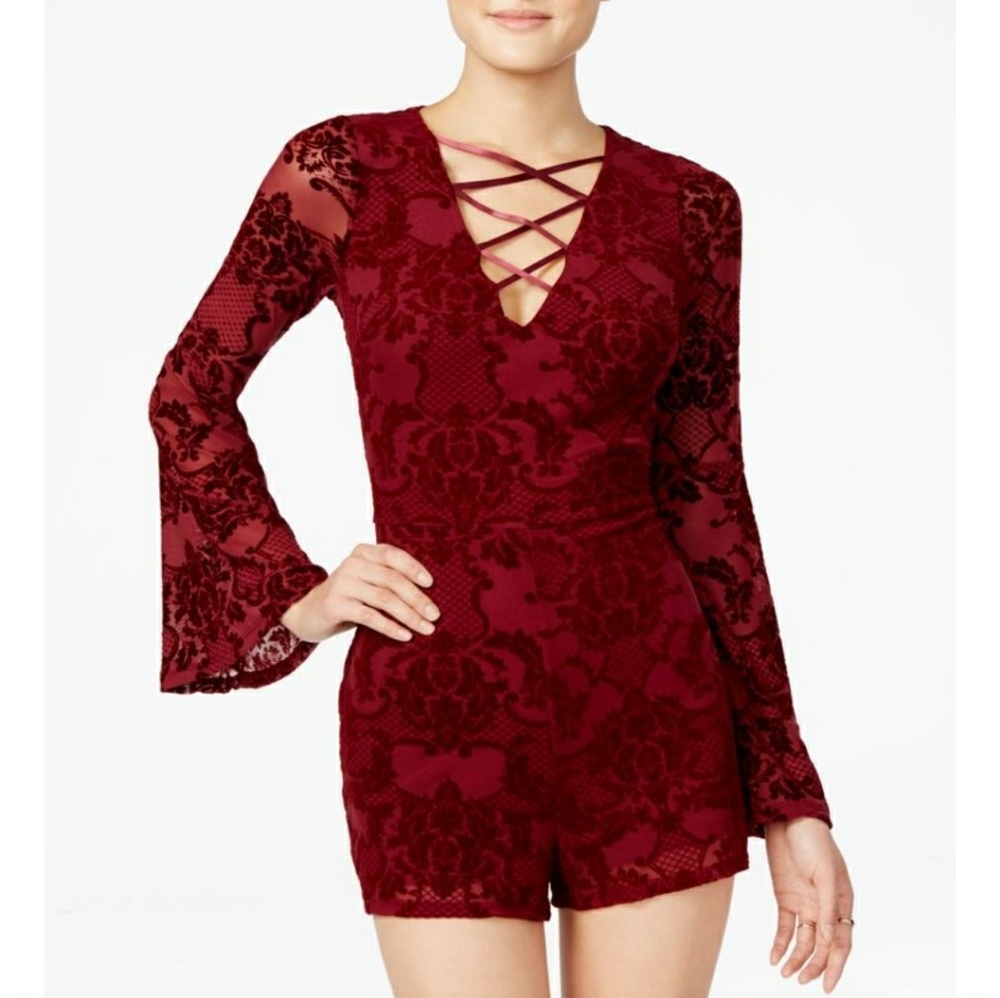 Burgundy Velvet Bell Sleeve Romper Boho Festival Holiday Party NWT